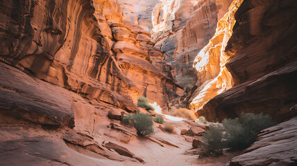 Sunlit canyon with towering sandstone formations, layered textures, contrasting light and shadow, and a winding path through a desert scene