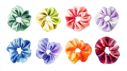 Obraz premium Nine Watercolor Scrunchies: Colorful Fashion Accessories for Women with Watercolor Patterns