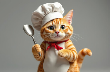 Cat  with white Chef hat on gray background.