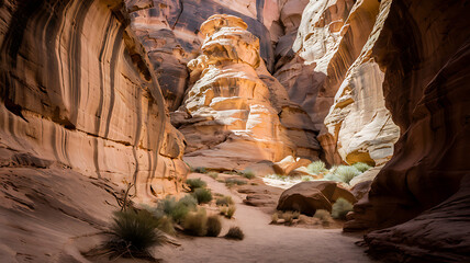Sunlit canyon with towering sandstone formations, layered textures, contrasting light and shadow, and a winding path through a desert scene
