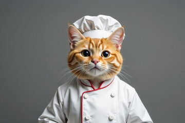 Cat  with white Chef hat on gray background.