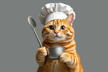 Cat  with white Chef hat on gray background.