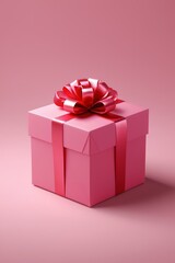 there is a pink gift box with a red bow on it