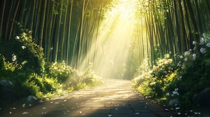Fototapeta premium Sunlit Bamboo Forest Path, Scenic Walkway, Tranquil Nature, Peaceful Background, Travel Poster