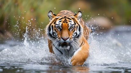 Majestic Tiger Charging Through Water with Splashes and Natural Colors