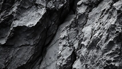 Black white rock texture. Cracked layered mountain surface. Close-up. Gray grungy stone background with space for design.
