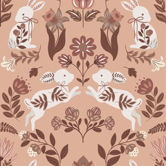 Seamless vector pattern with Easter bunnies and folk-style flowers in a modern design. Trendy 2025 colors, perfect for textiles, wallpapers, gift wrapping, packaging, and festive decorations