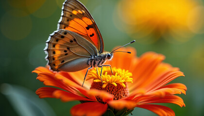 Vibrant Butterfly on Orange Zinnia Flower in Nature Close Up Macro Photography