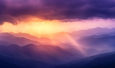 Obraz premium Majestic mountain landscape at sunset, with vibrant colors and soft clouds illuminating the horizon.