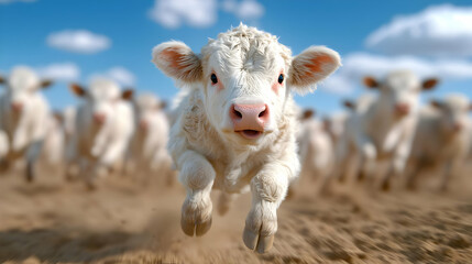 Calf leaps, herd running, sunny pasture, farm
