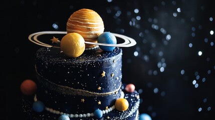 Solar system themed cake with planets and rings.