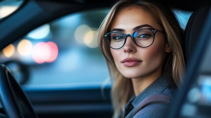 Woman with glasses sitting in car, urban blurred lights in background, confident expression, modern lifestyle concept