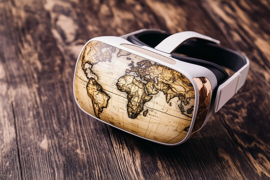 VR headset sits on a rustic wooden surface showing a detailed world map. This immersive technology offers endless possibilities in travel, education, and virtual exploration