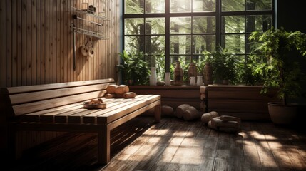 A modern wooden sauna with a large window allowing natural light to flood in. warm and inviting, featuring sleek wooden benches and a relaxing atmosphere.  copy text placement