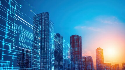 Obraz premium Futuristic Urban Skyline with Digital Technology and Sunset Background