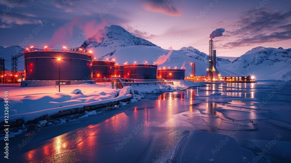 Poster an industrial facility with large storage tanks and a smokestack glows warmly at twilight, surrounde