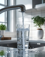 Fresh water flows from a modern kitchen faucet into a clear glass, surrounded by a bright and airy atmosphere