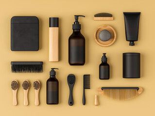 Obraz premium Flat Lay of Wooden Hair Brushes and Grooming Accessories on Beige Background – Sustainable Self-Care Concept 