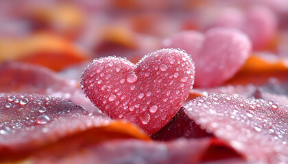 Obraz premium Photo - Pink Heart on Rose Petals with Dewdrops