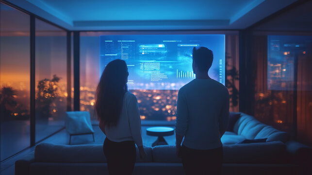 A sleek and ultra-modern smart home interior with a touchless AI interface displayed in mid-air. Soft ambient lighting, futuristic furniture, and a minimalistic aesthetic. A couple interacts with a vo