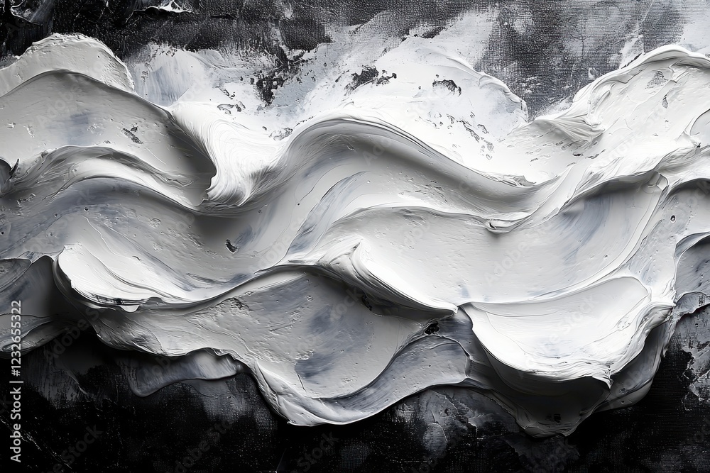 Poster textured white paint creating wave-like patterns on a dark canvas in an abstract art setting