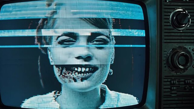 Dark Horror Mystery Danger Horror film. Old tv screen with zombie woman close-up. Creepy dead bride wearing wedding dress with veil. Bloody scary smile