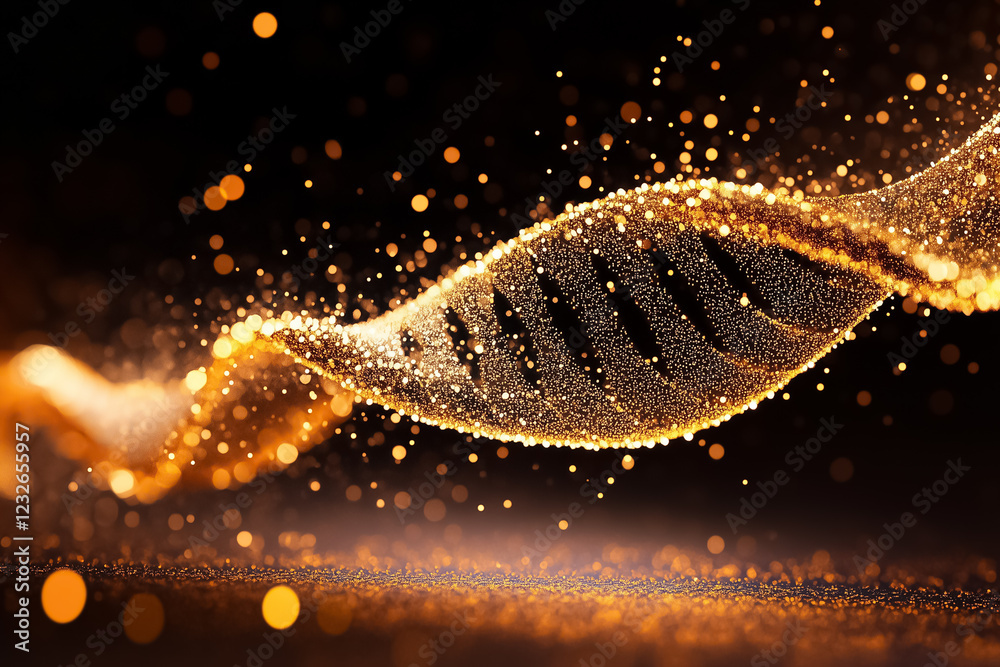 Poster a dna strand composed of glowing dots elegantly flows through a dark backdrop, creating a captivatin