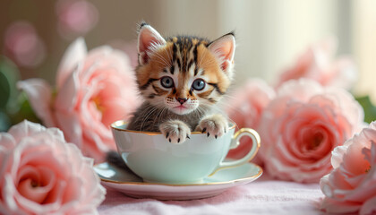 Adorable Kitten in Teacup Surrounded by Pink Roses Cute Pet Photography