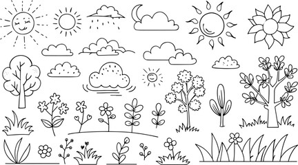Nature landscape outline icons with tree, plants, mountains, river Coloring pages Design