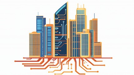 Obraz premium Futuristic Cityscape with Technology Circuit Board Elements
