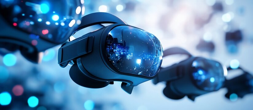 Virtual Reality headsets float, city lights reflected, metaverse background, tech demo