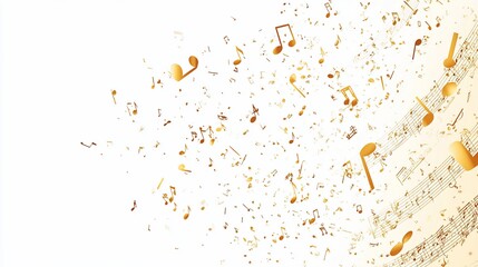 Golden music notes, confetti burst, white background, celebratory design