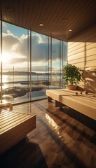Fototapeta premium A modern wooden sauna with a large window allowing natural light to flood in. The interior is warm and inviting, featuring sleek wooden benches and a relaxing atmosphere. 