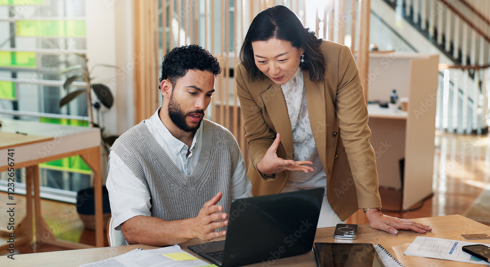 Poster Collaboration, laptop and problem solving with business people at desk in office for systems training. Assistance, help and question with supervisor talking to employee in workplace for management