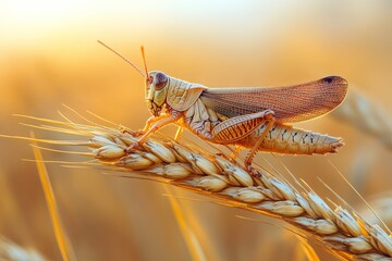 Graceful Grasshopper on Wheat Stalk in Detailed View, Natural Beauty of Insect Perched on Grain, Close-up Nature Photography Concept Illustration of Green Grasshopper Resting Among Crops
