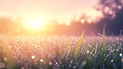 Dew-covered grass glistens in the soft light of the sunrise, evoking tranquility and freshness.