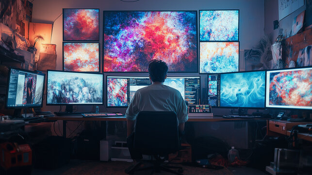A young digital artist wearing stylish casual clothing, sitting in a loft studio, surrounded by large monitors displaying AI-generated artwork. Neon and pastel lighting create a futuristic ambiance, w