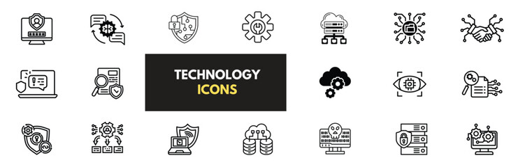 Information Technology icon set. Containing cloud computing, IT manager, big data, data analytics, internet, network security and more. Solid vector icons collection.