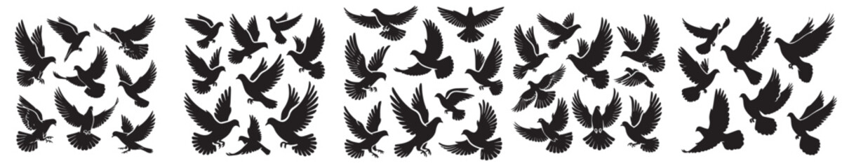 vector set of flying doves silhouettes