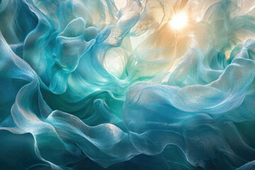 Obraz premium Abstract image of flowing teal fabric illuminated by sunlight, creating a dreamy, ethereal atmosphere.