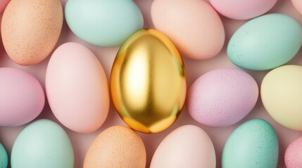 Colorful Easter Eggs with a Shiny Gold Egg in the Center