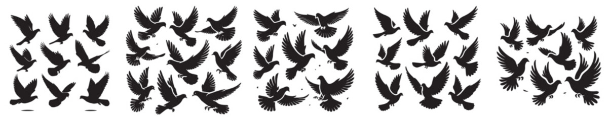 vector set of flying doves silhouettes