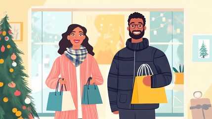 Exciting Black Friday Sale Event with Happy Woman and Man Shopping Together