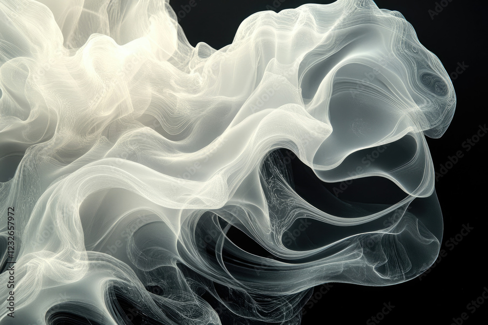 Poster abstract grayscale image depicting flowing, translucent fabric or smoke, creating a dreamy, ethereal