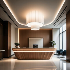 Minimalist Hotel Lobby – A grand entrance with a single sculptural reception desk, high ceilings, and soft lighting integrated into the architecture.