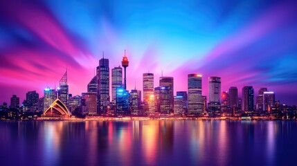 Obraz premium Stunning Panoramic View of City Skyline at Dusk with Vibrant Colors
