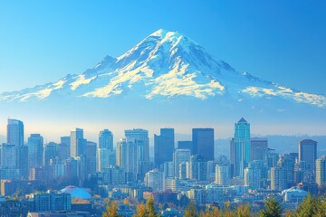 Fototapeta premium Scenic view of Seattle skyline with Mount Rainier in the background during a clear sunny day