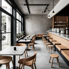 Minimalist Café Interior – A bright, open café with simple wooden tables, concrete floors, and a monochrome counter design.