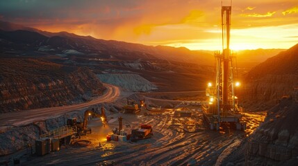 Golden hues of sunset cast warm light on mining machinery in a rugged terrain, highlighting the industrial activity and surrounding mountains during dusk.