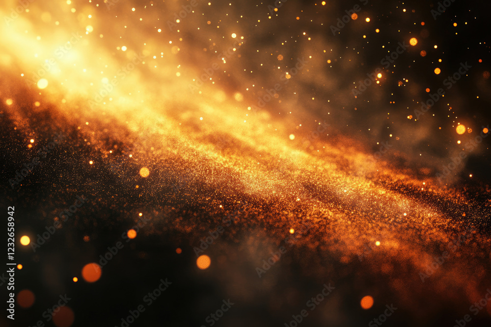 Poster glowing golden particles and smoke swirl in dark background, creating a magical, cosmic effect.